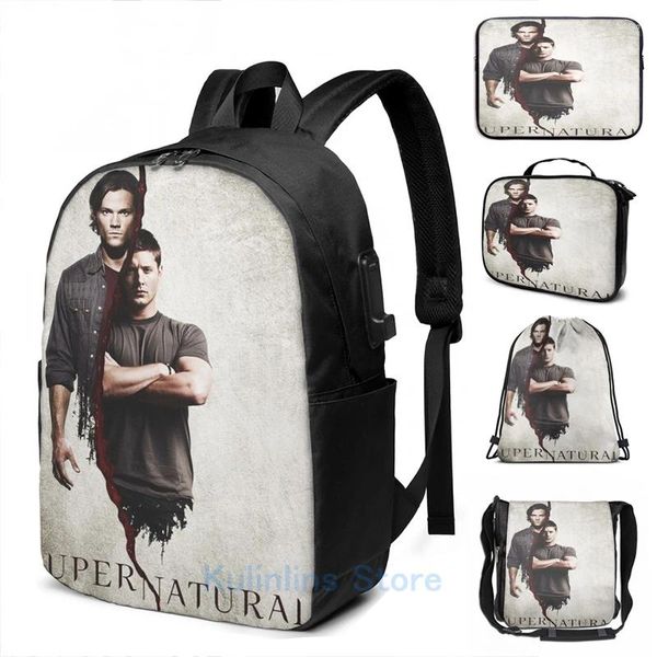 Rucksack lustiger grafischer grafischer Print Supernatural 1 USB -Ladung Männer Schultaschen Frauen Bag Travel Laptop