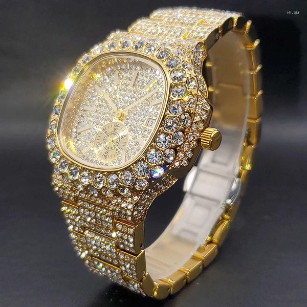 Orologi da polso orologio oro per uomo diamante ghiacciato hip hop hop elegante orologio maschio doppio quadrante pesante estate impermeabile in