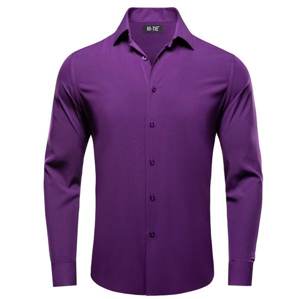 Мужские платья рубашки Hi-Tie Простые твердые шелковые мужские рубашки фиолетовые длинные клоловые лацка