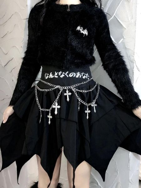 Saias ruibbit japonês rock original original escuro irregular bordado saia curta cintura alta uma linha y2k gótico mini garota