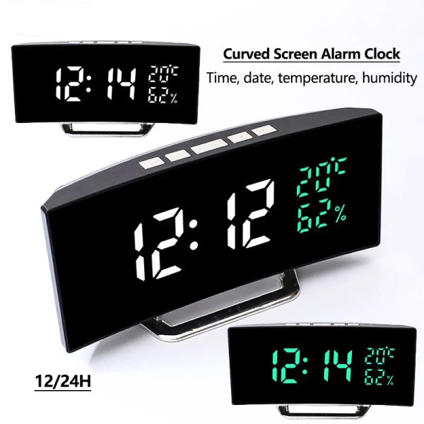 Часы изогнутый экран цифровой будильник времени/дата/температура/влажность Дисплей 12/24H 3Alarms Регулируемая стола на столе.