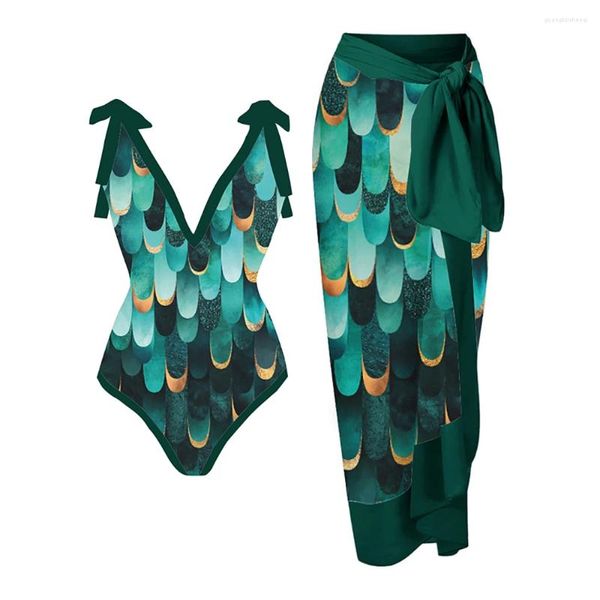 Frauen Badebekleidung Retro grüne Farbbikinis Einteilige Badeanzug Schwimmanzug Urlaub Beach Outfit