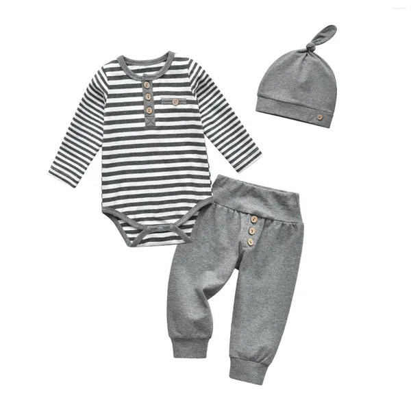 Kleidungssets Mode geborene Kind Jungen Langarm Kleidung Set Striped Strampler Bodysuit Top Hosen Cap 3PCS Outfit für Jungen