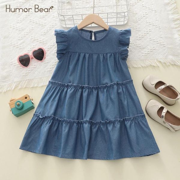 Vestidos de menina humor meninas de urso vestido de verão manga voadora pura azul em estilo casual roupas para crianças roupas