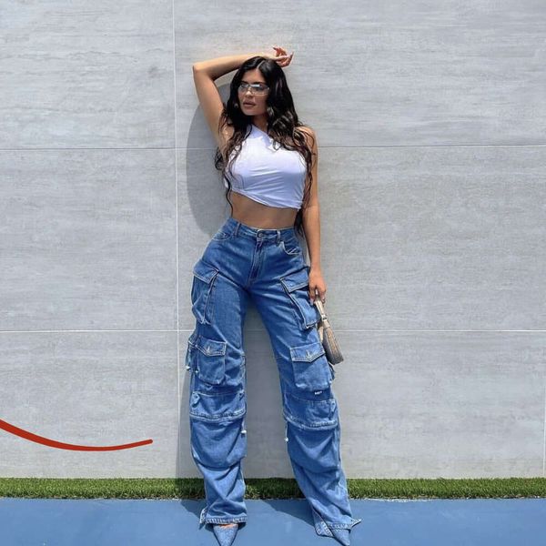 Große Tasche weibliche Jeans breite Hose Frühherbst Neue Produkt hohe Taille schlanke gerade Beinhosen für Frauen schlampen Hose