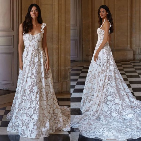 Bir elbise çizgisi nova milla kayışlar dantel köy gelinlikler, vestidos de novia süpürme treni fulllace gelinlikleri es.