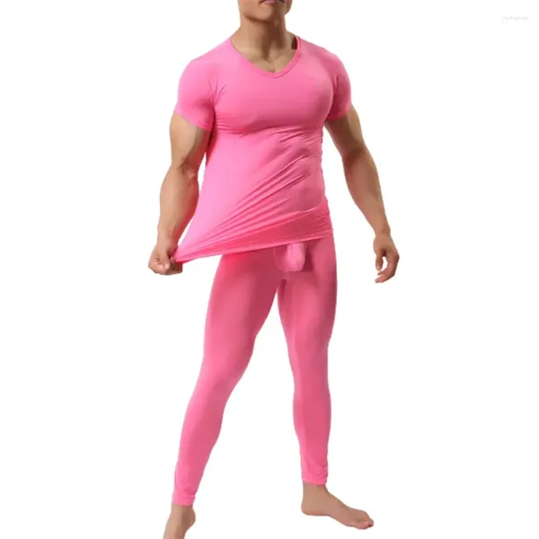 Herren -Trailsuiten sexy Männer Eis Seiden Feste Farbe T -Shirts Lange Hosenhosen Pyjama Unterhemd