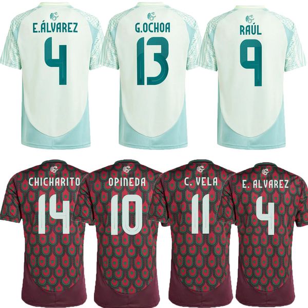 Top Tayland Kalitesi 24 25 Copa 2024 Meksika Futbol Formaları Meksika 2025 Evde Futbol Gömlek Kırmızı ve Beyaz Futbol Gömlekleri Chicharito Lozano Sıcak Satış Erkekler Üniformalı