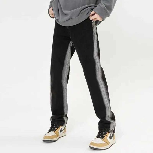ANS 2023 Vibe Style Tie Boya Yıkanmış Siyah Bol Men Kot Pantolon Y2K Koyu Sokak Giyim Hip Hop Düz Pamuk Pantolonları Pantalon Homme J240507