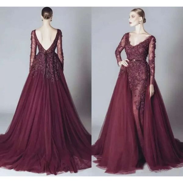 Abiti seppellite celebrità senza schienale formale in pizzo formale elegante v collo maniche lunghe 2018 abiti da sera elie saab abiti arabi