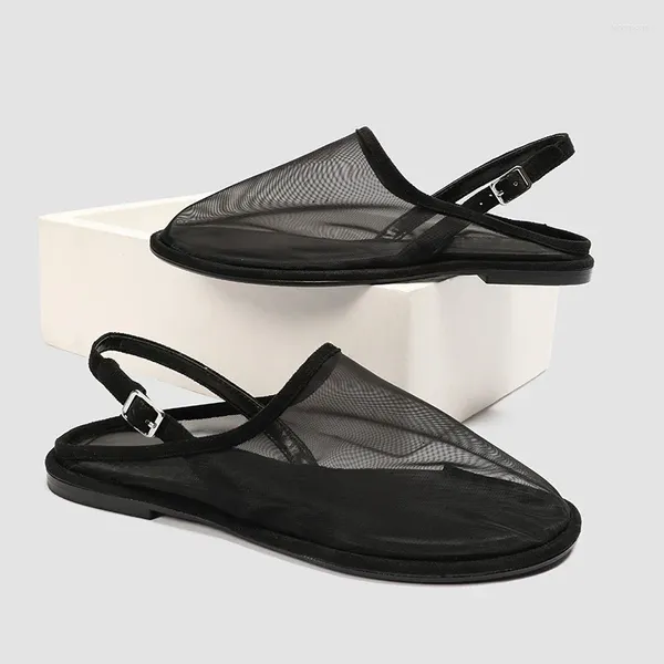 Sandalet 2024 Tasarımcı Mesh Kadınlar Günlük Daireler Lüks Yürüyüş Ayakkabıları Kadın Yaz Kapalı Toe Slingback Sandalias Mujer