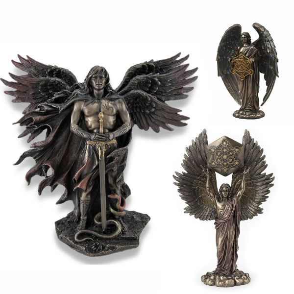 Esculturas bronzadas serafim resina estátuas de seis asas do anjo da guardião com espada e serpente Big Wings Angel estátua artesanato doméstico Ornamentos