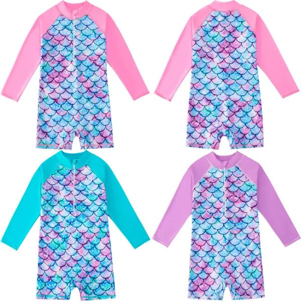 Roupas infantis de roupas de banho 2023 Summer Girls Meninas Mangas longas Mermaid Scale Onepiece Swimsuit 412years Crianças Sunproof Surf Suits