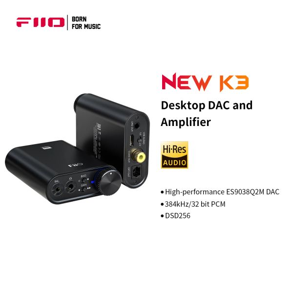Amplificador FIIO Novo amplificador de fone de ouvido K3 DSD USB DAC para PC, DSD256 Support Coaxial/Optical/2.5 Balance