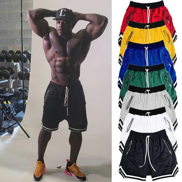 Short da basket a strisce per uomo Allenamento per palestra Short sport di fitness con tasche con cerniera mesh a secco rapido attivo traspirante 240507