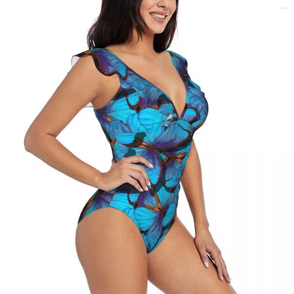 Frauen Badebekleidung Rüsche 2024 Frauen sexy ein Stück Badeanzug weibliche helle blaue Schmetterlinge Monokini Badeanzug Strandbekleidung