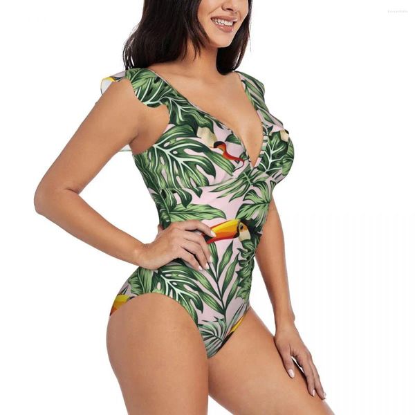 Mulheres de banho feminina Mulheres de uma peça Jungle Palm Monstera com touco Bikinis Bikinis Push Up Monokiny Ruffle Bathing Suit