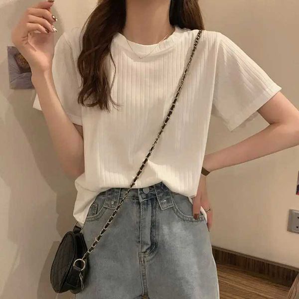 T-shirt da donna Summer Women Ice Silk Short Slve Slve T Shirts Elastic Casual Fashion White T-shirt Basic Eleganti Tops a strisce solide H240506