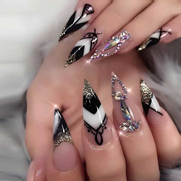 False unhas 2024 Cabeça pontiaguda unhas FRANCESSAS BRANCAS BRANCAS Pressione as unhas com Crystal Design Mulheres Européias Lady Lady Fake Nails T240507