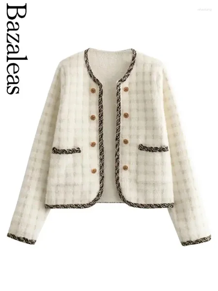Frauen Strick offizielle elegante Tartan -Taschen Crop Top White Jacket O Hals Double Baceed Short Coat Store