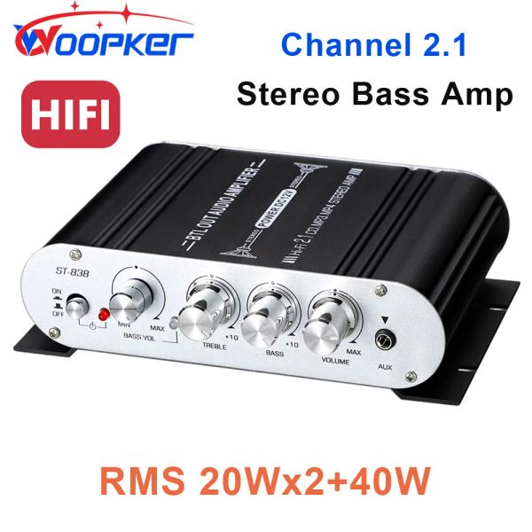 Verstärker Woopker Audio -Verstärker ST838 2.1 Kanal Subwoofer Stereo Bass Amp RMS 20WX2+40W Klasse D Mini -Verstärker Media Player