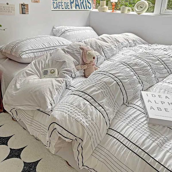 Conjuntos de cama Seersucker Branco Conjunto de cama de algodão lavado Princesa cor sólida cor de renda de renda de renda para meninas adultos j240507