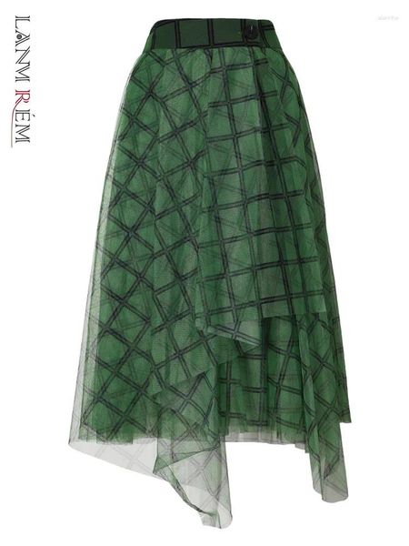 Юбки Lanmrem Зеленая клетчатая юбка для печати клетку Асимметричная эластичная талия уличная одежда A-line Mid-Cal Famale Fashion Clothing 2474