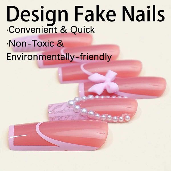 False Nails 24pcs French Pearl False Naughs 3D Bowknot Decor falso Patch Nail Ballet Coffin Swt Pressa su unghie per ragazze T240507