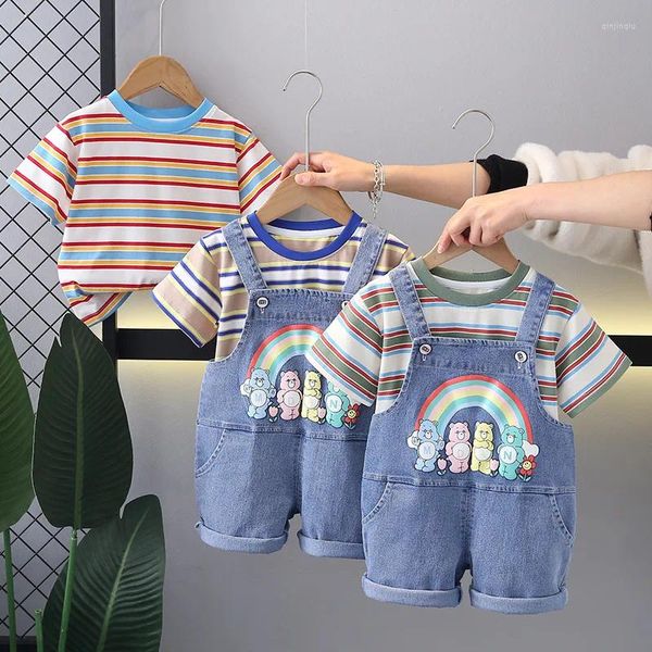 Одежда наборы мальчиков для девочек лето 2024 детские хлопковые футболки джинсовая джинсовая джинсовая шорты 2 шт.