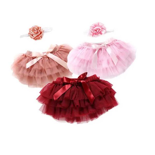 Tutu Kleid Neugeborene Baby Girls Jungen Rock Stirnband 2pcs Schicht Ballett Tanz Feste Spitze Bowknot Tüllrock 3 Farben Outfit 0-24m D240507