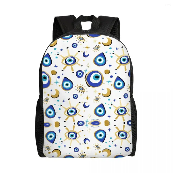 Backpack Mediterranean Blue and Gold Evil Eye Laptop Grundlegende Buchung für Schulschule Hamsa Nazar Amulett Boho Bag