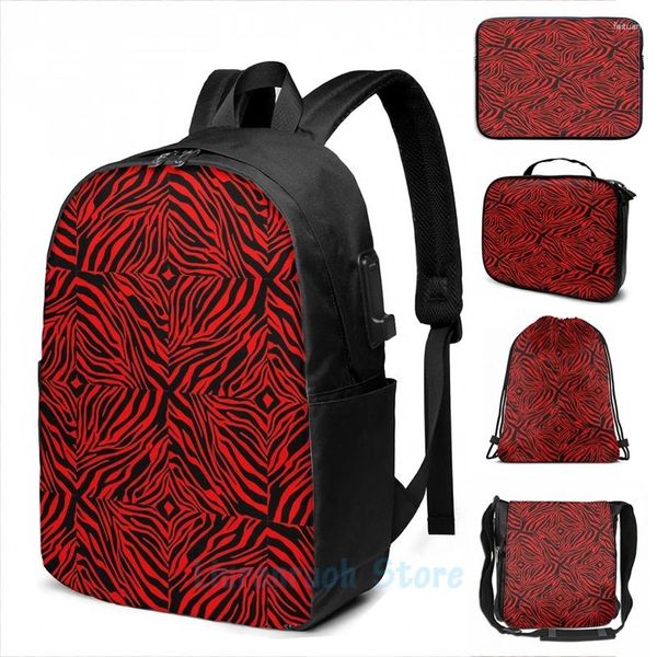 Zaino divertente stampa grafica quadrata zebra rossa rossa USB uomini sacchetti di scuola da donna laptop da viaggio da donna