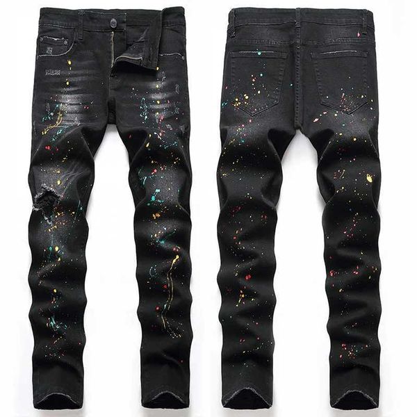 NS Schwarze Hosen große Persönlichkeit Trendy Hosen Europäische und amerikanische reguläre Versionsloch -Jeans Denim Mens New Elastic Pant J240507