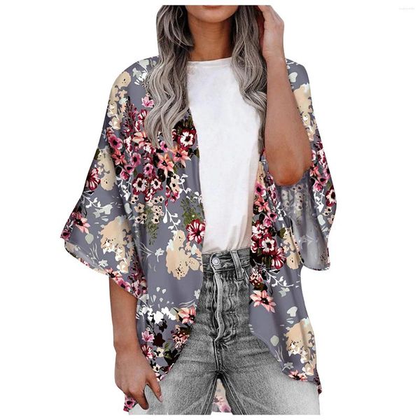 Mulheres Prinha Floral de Chiffon Kimono Cardigã de xale de meia manga solta