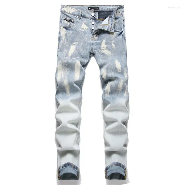 Jeans maschile 2024 Mens Fashion azzurro dipinto azzurro snello di alta qualità jean homme maschi pantaloni in denim