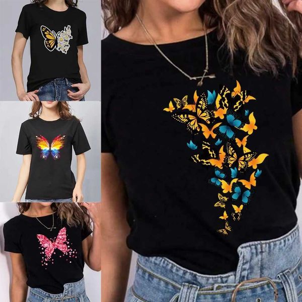 T-shirt da donna maglietta da donna Cartoon Modello di cartone animato Short Summer Black O-Neck Butterfly T-shirt Womens Thirt Top Top D240507