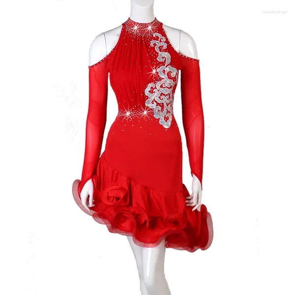 Abbigliamento da ballo rosso Fringa latino Dance Women SALSA Costumi di fascia alta Donna Diamond Abiti per diamanti per adulti Consegna gratuita