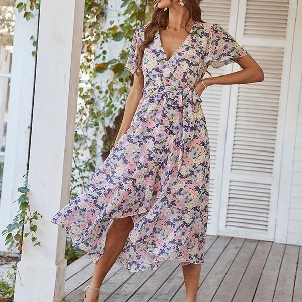 Vestidos casuais A-line Irregular Hem Dress Floral Long Dress Summer feminino 2024 Vo de pescoço V Maxi Flowy Boho Lace elegante Up Bohemian Beach