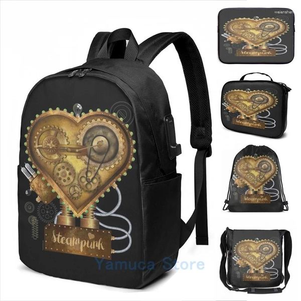 Backpack Funny Graphic Print steampunk Heart USB Charge Men Bags Escola Laptop de Viagem para Mulheres