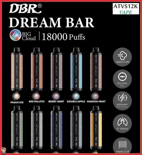Оригинальный DBR Dream Bar Pro Max 18000 Puff Ondosable Vapes Pen 27ml Предварительно заполненные POD 600MAH Актуальные аккумуляторные батареи E Сигареты Puffs 18k E-Shisha 0% 2% 3% 5% Прочность 15 вкуса.