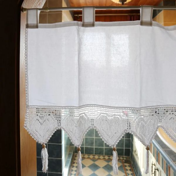 Cortinas cortinas de cozinha curta curta rústica Handmada Flor oca de crochê renda com borla meia janela cortina de mão de mão armário de capa cortinas da porta