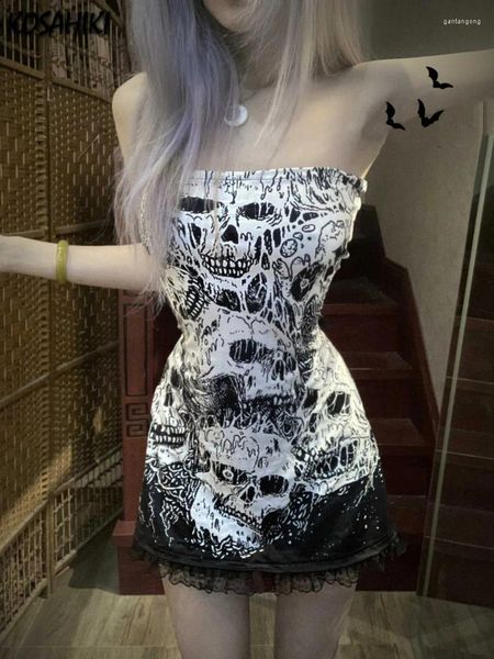 Lässige Kleider Harajuku Schädel Print Mini Tube Kleid Frauen Grunge y2k spitzen Patchwork sexy Rückenfreie gotische Schlank Robe Verband Vestitos