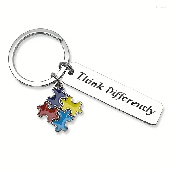 Schlüsselanhänger Edelstahl denken unterschiedlich Autismusbewusstsein Schlüssel Kette Emaille Bunt Puzzle Charme Schlüsselbund
