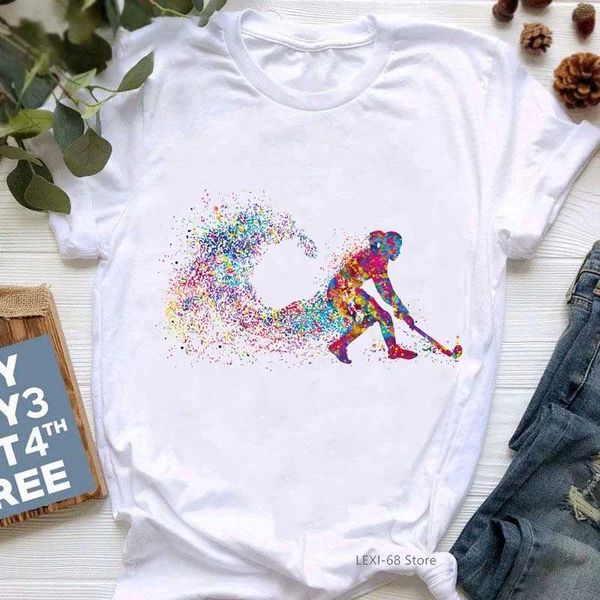 Damen T-Shirt Field Hockey Girl Aquarell Print T Shirt Frauen weiße T-Shirt Fe Sommer Tops Kurzschlafen T-Shirt Femme Streetwear D240507