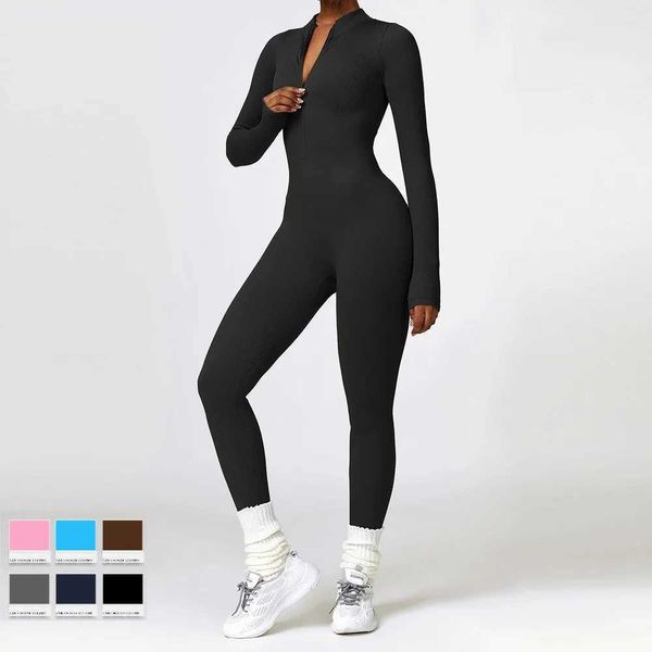 Kadın Tulumları Yük atanlar Örgü Knit Surümsüz Gym Tulum Kadın Spor Giyim Kış Kış Slve Zipper Sport Tulum Tek Parça Kıyafet T240507