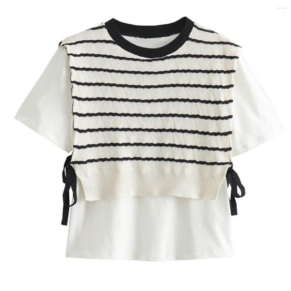 Damen T-Shirts verwelkte Modik Patchwork T-Shirts Frauen Vintage Striped T-Shirts Tops Summer Round Neck kurzärärmisch