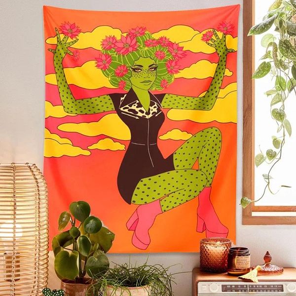 Arazzi Cactus Girl Babe Abete Muro sospeso Vintage anni '60 Giordino Flower Nuuds Hippie Retro Boho Decorazioni per la casa Arte