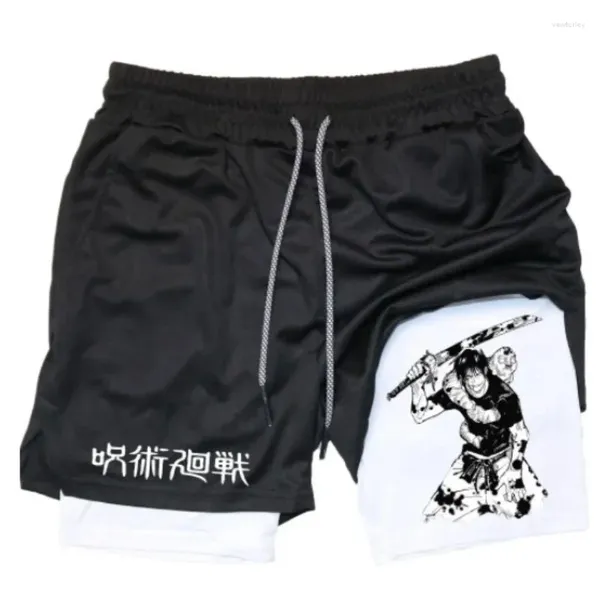 Shorts masculinos de tamanho grande toji esportes estampados em execução líquida 2-em-1 s-5xl