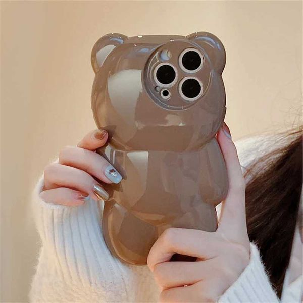 Casos de telefone celular Japão Korea 3D Cartoon Bear Telefone para telefone 14 13 12 11 Pro Max 14 Pro Max adorável animal brilhante à prova de choque macio à prova de choque