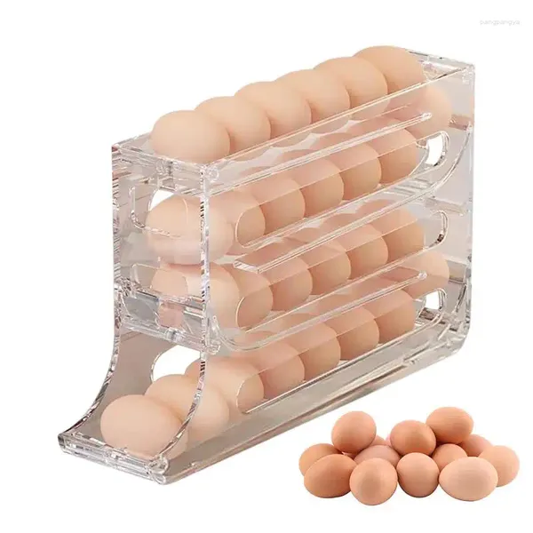 Küche Aufbewahrung Egg Rack Auto Rolling 4-Layer-Kühlschrankspender Moderner Organisation Raumsparender Behälter für Bauernhaus Speisekammer